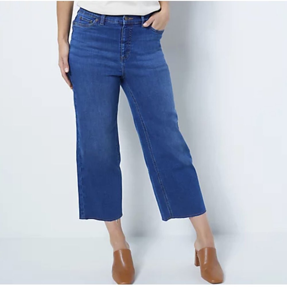 Denim & Co Easy Stretch Denim Cropped Wide Leg Jeans with Fray Hem  11214